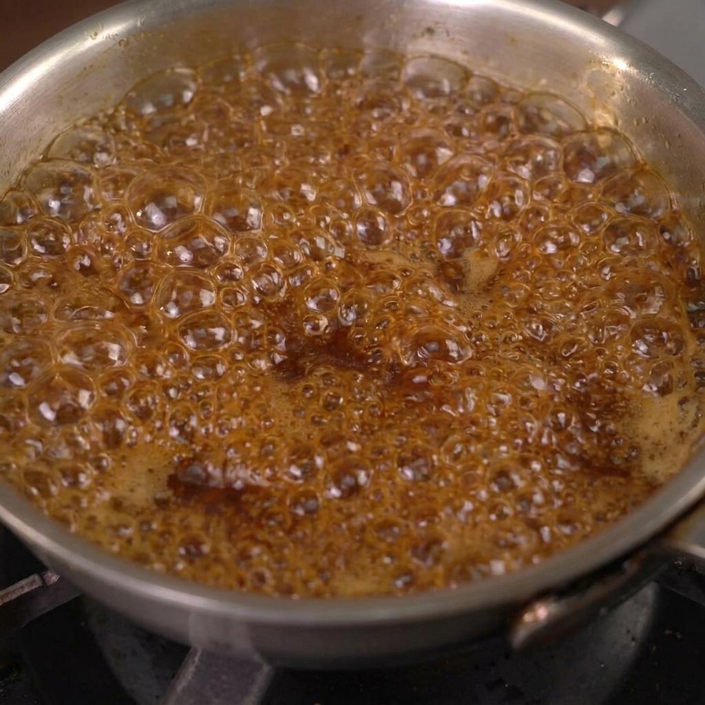 A dark, savory sauce bubbling rapidly with large bubbles in a stainless steel saucepan.