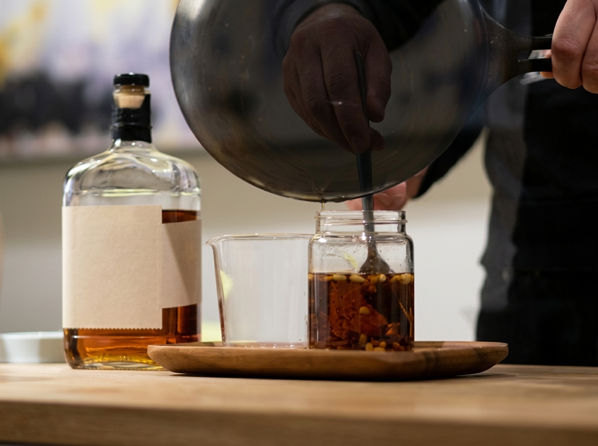 Pouring hot rendered pancetta fat and pine nuts from a pan into a glass jar filled with bourbon.