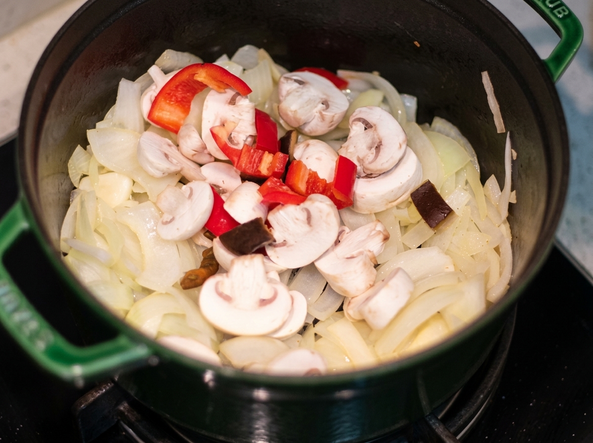 Sliced mushrooms and red bell peppers being added to a green pot of sautéed onions.