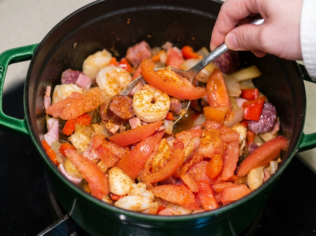 A metal spoon mixing diced red tomatoes and Cajun spice powder into a pot of shrimp, sausage, and vegetables.