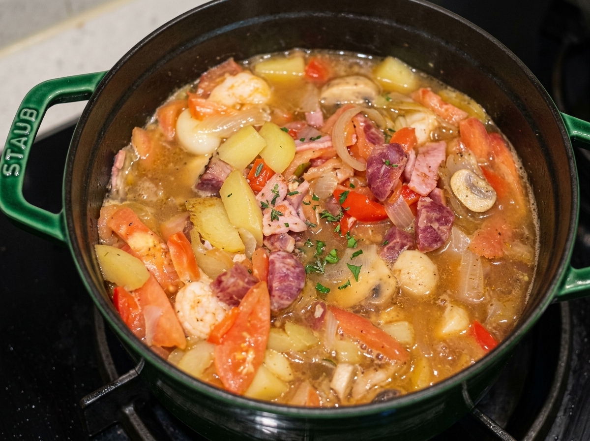 A green cast-iron pot on a stovetop filled with shrimp, potatoes, tomatoes, bacon, and mushrooms simmering in a savory broth.