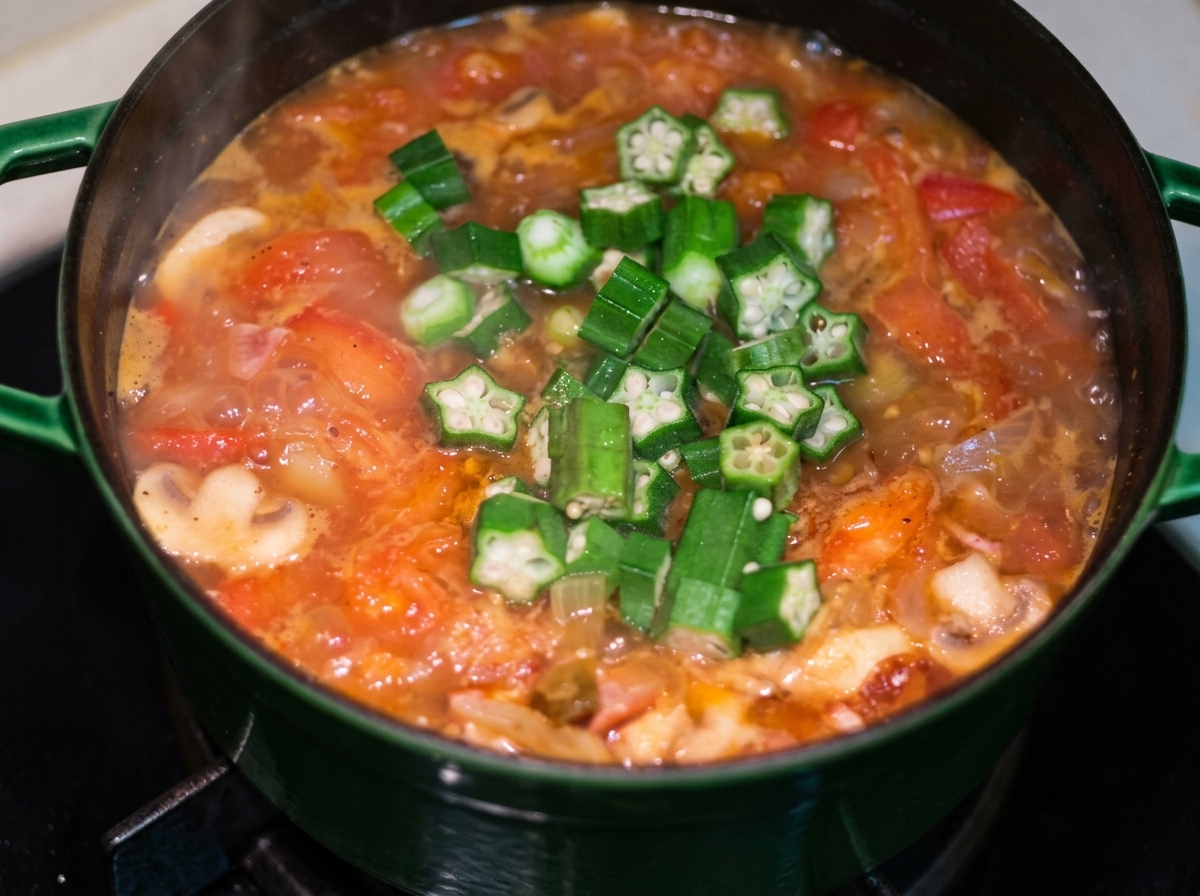 Freshly sliced bright green okra pieces added on top of a bubbling tomato and meat stew in a cast-iron pot.