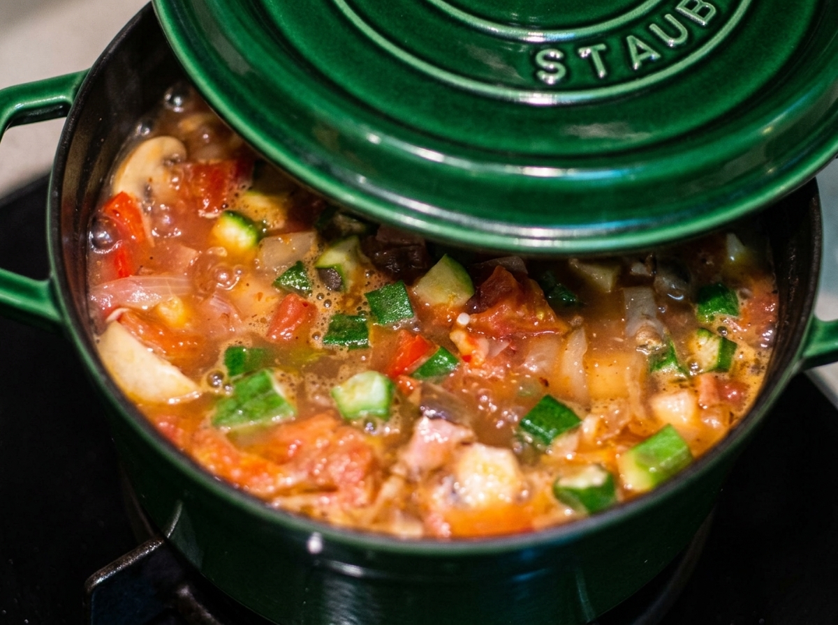 A green heavy cast-iron lid being lowered onto a simmering pot of hearty gumbo.