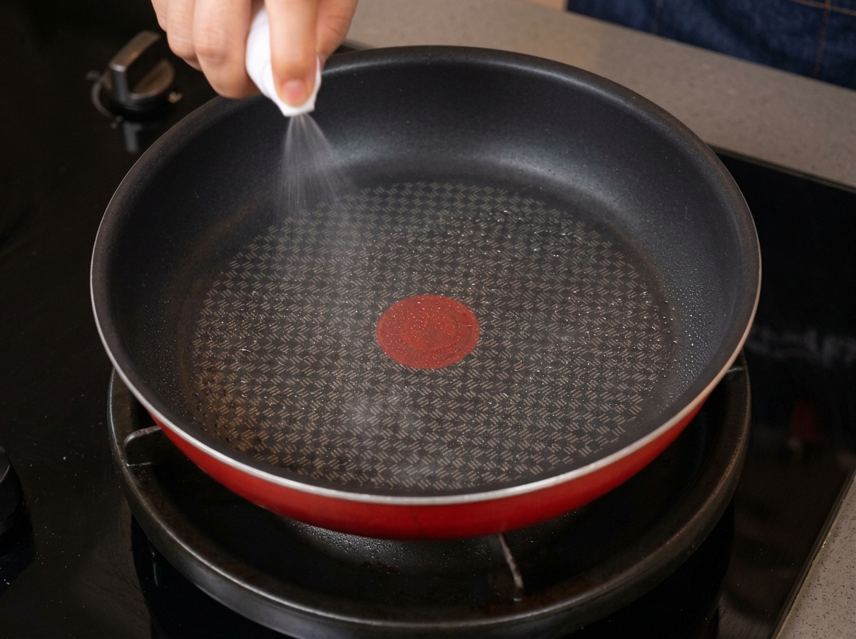 A person hand holding a white spray bottle misting cooking oil into an empty black non stick frying pan with a red rim.