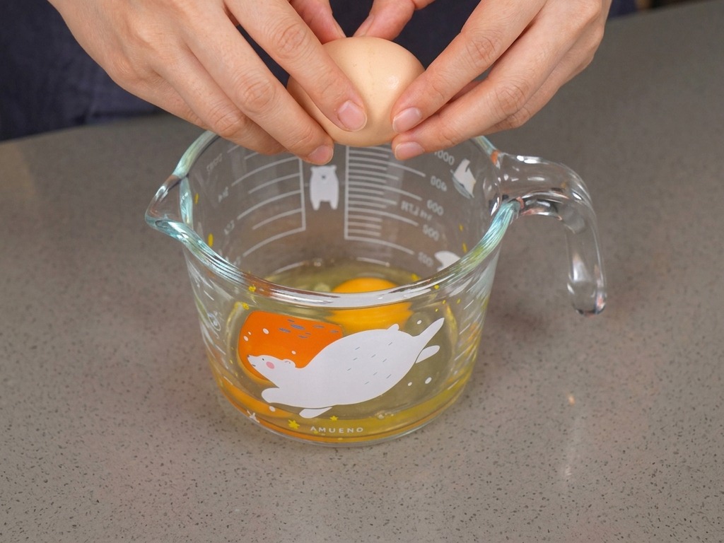 Hands holding a brown egg over a glass measuring cup decorated with a bear, preparing to crack it into the yolk already inside.
