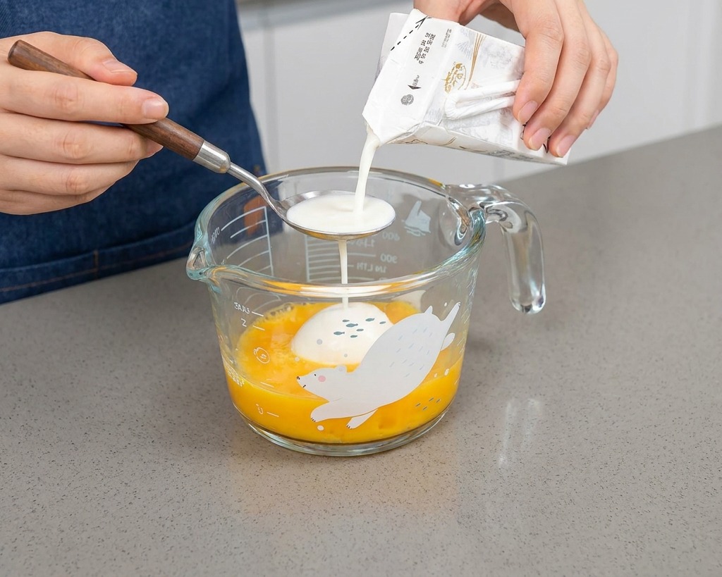 A person pouring milk from a small carton onto a spoon letting it cascade down into the glass measuring cup with the raw eggs.