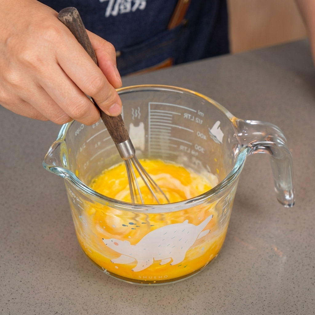A hand using a small wire whisk to vigorously beat bright yellow eggs and milk inside a clear glass measuring cup with animal designs.