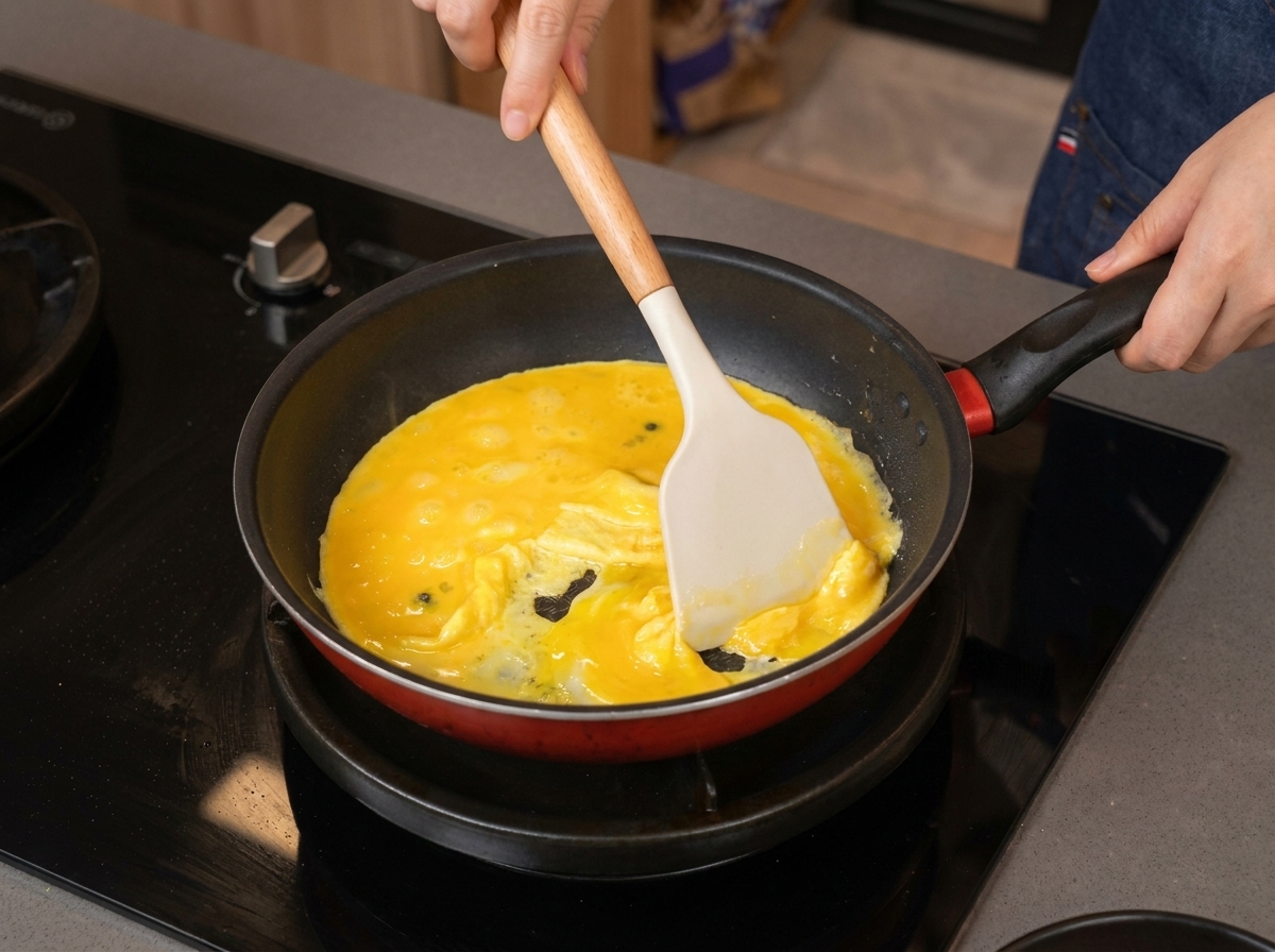 A person using a white silicone spatula to gently push and fold softly scrambled, wet eggs in a red frying pan.