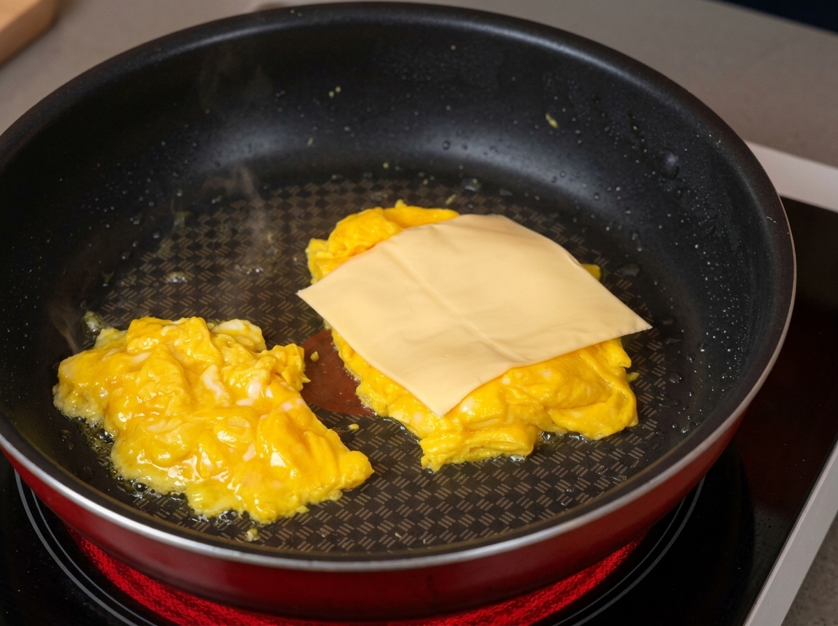 A square slice of pale yellow processed cheese resting on top of soft, folded scrambled eggs inside a hot frying pan.