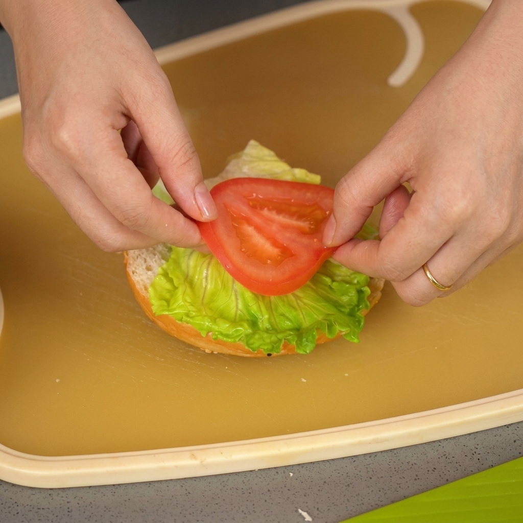 A person placing a round slice of ripe red tomato on top of a lettuce leaf on a burger bun.