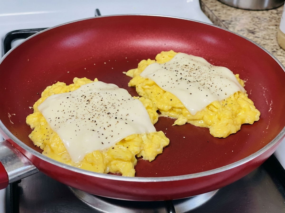 A close up view of two portions of scrambled eggs topped with melted cheese and a dusting of black pepper in a red frying pan.