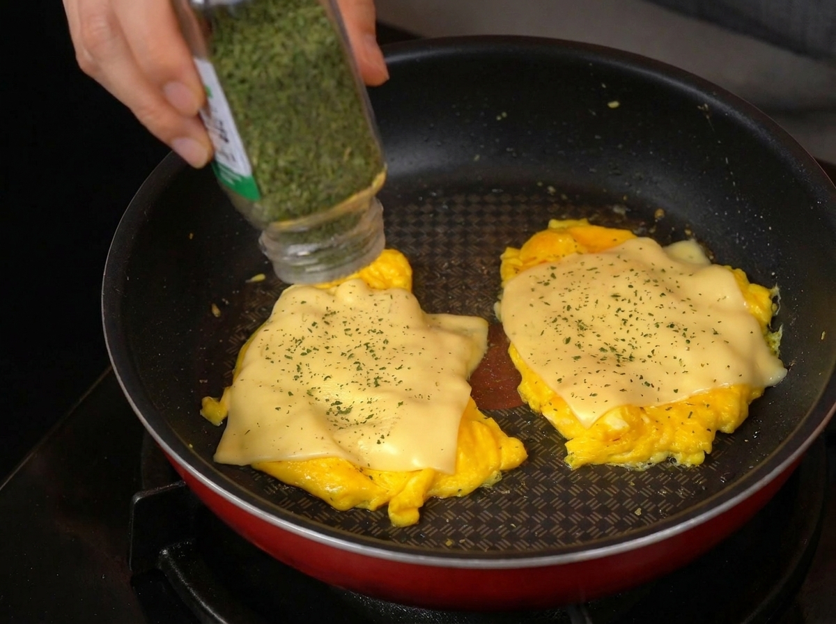 Dried green herbs being shaken from a glass spice jar onto two portions of scrambled eggs topped with melted cheese in a non-stick frying pan.
