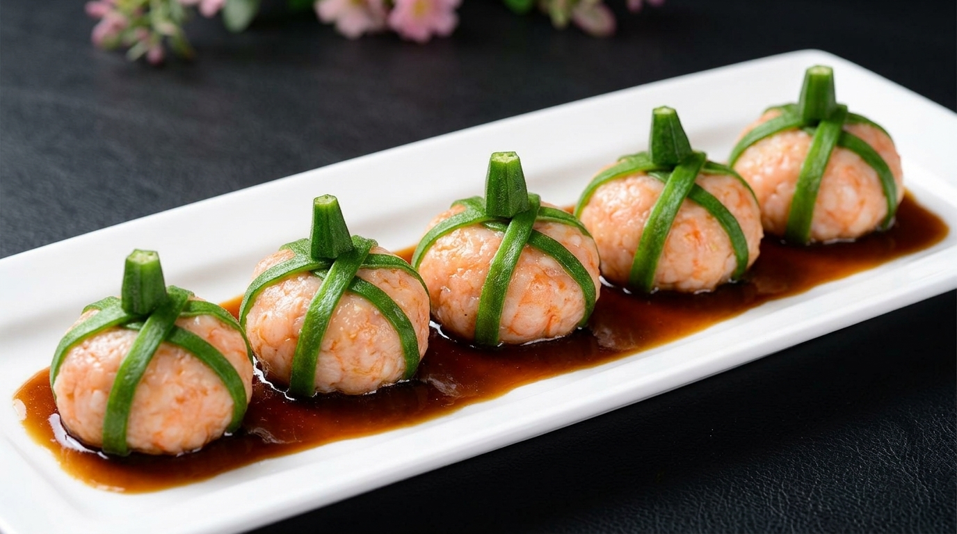 Okra-Wrapped Shrimp Balls with Matsutake Sauce