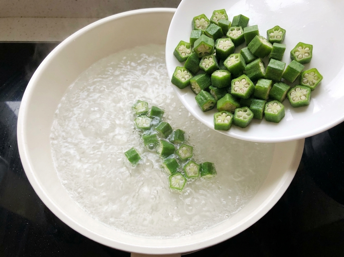 Green okra pieces being poured from a white plate into a bubbling pan of boiling water.