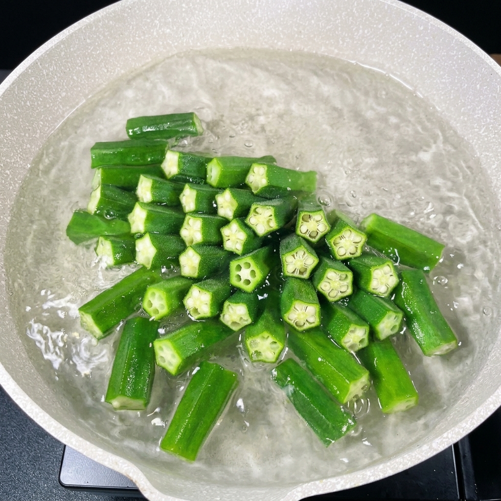 Bright green, chopped okra pieces boiling in a bubbling pan of hot water.