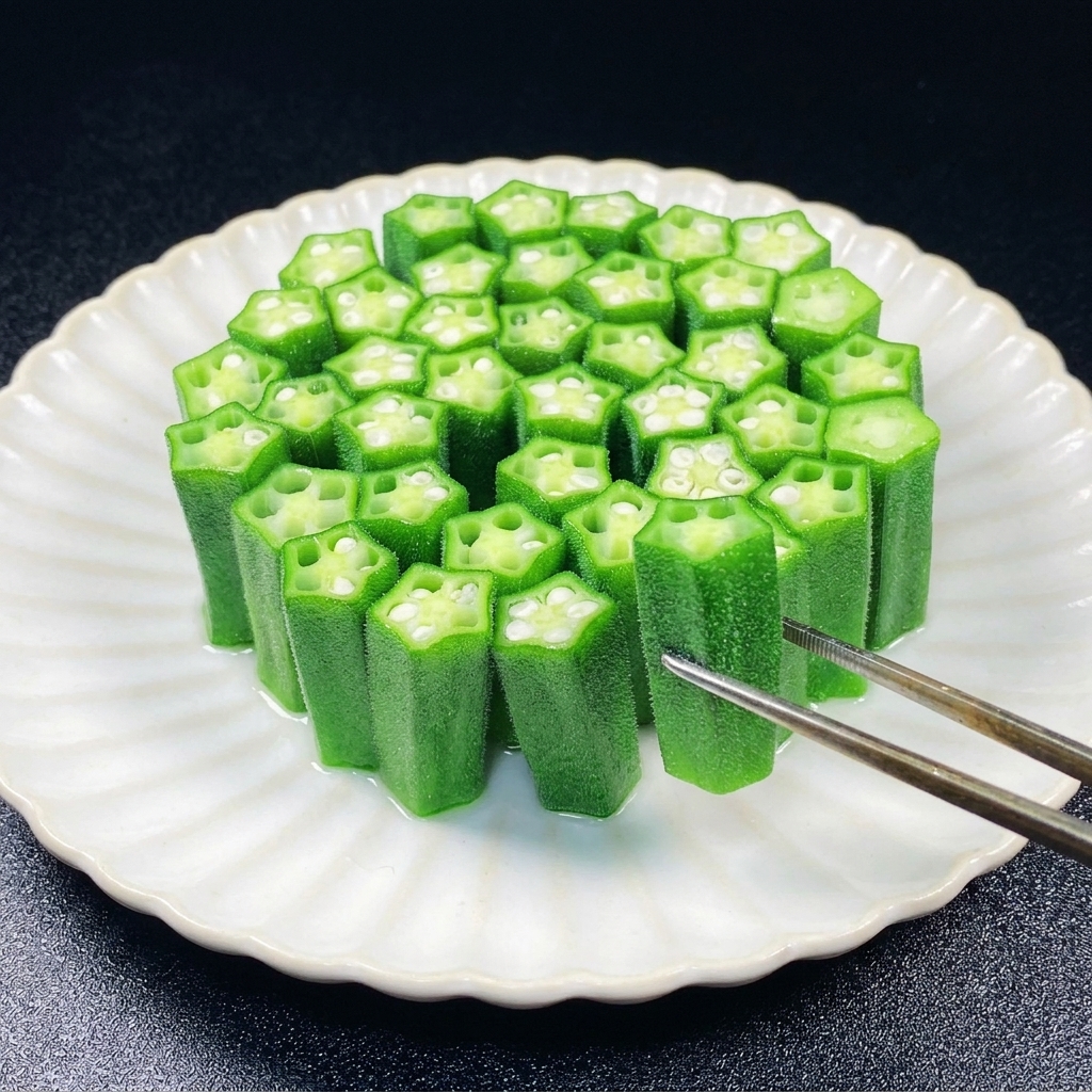Using tweezers to stand pieces of bright green okra upright in a tight circle on a scalloped white plate.