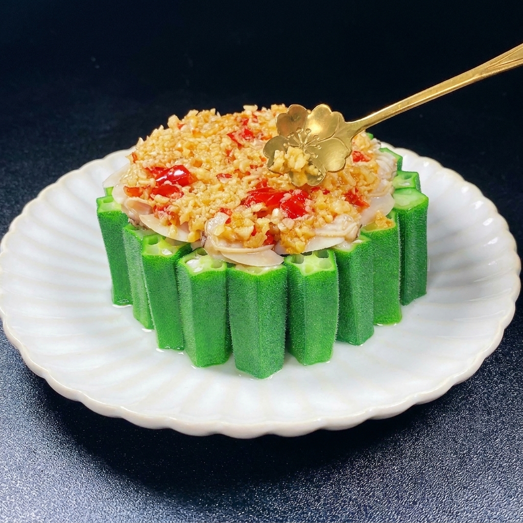 A decorative gold spoon adding a bright mixture of minced garlic and red chili over clam meat in the center of an okra ring.
