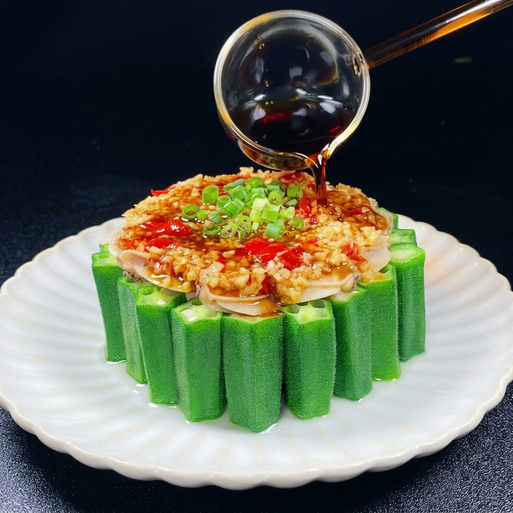 Dark sauce being poured from a small glass ladle over the garlic and chili topped clam dish.