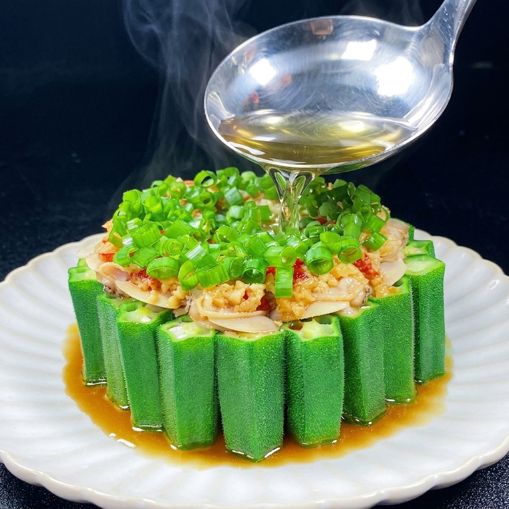 A silver ladle pouring hot oil over a beautifully arranged dish of standing okra, clams, minced garlic, and chopped green onions, with steam rising.