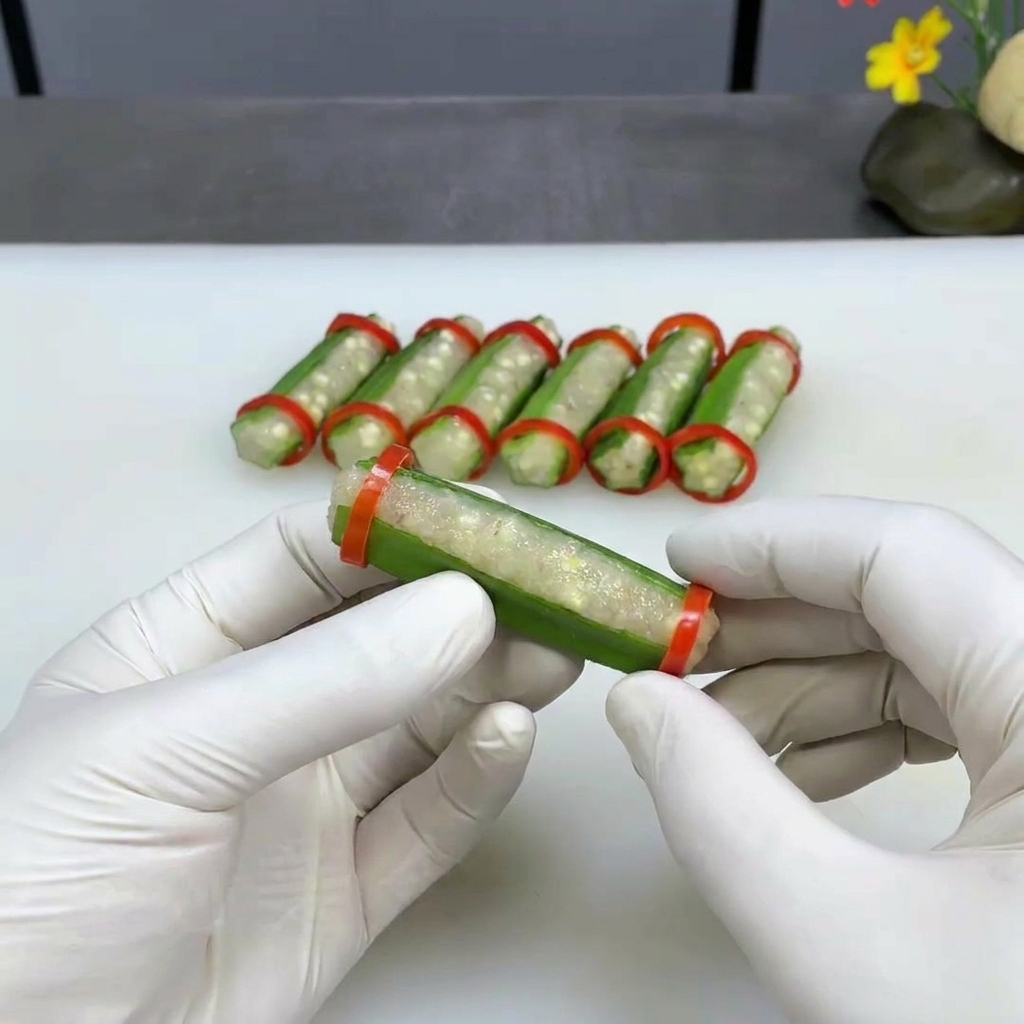 Gloved hands carefully sliding red chili rings onto hollowed-out okra stuffed with shrimp paste.
