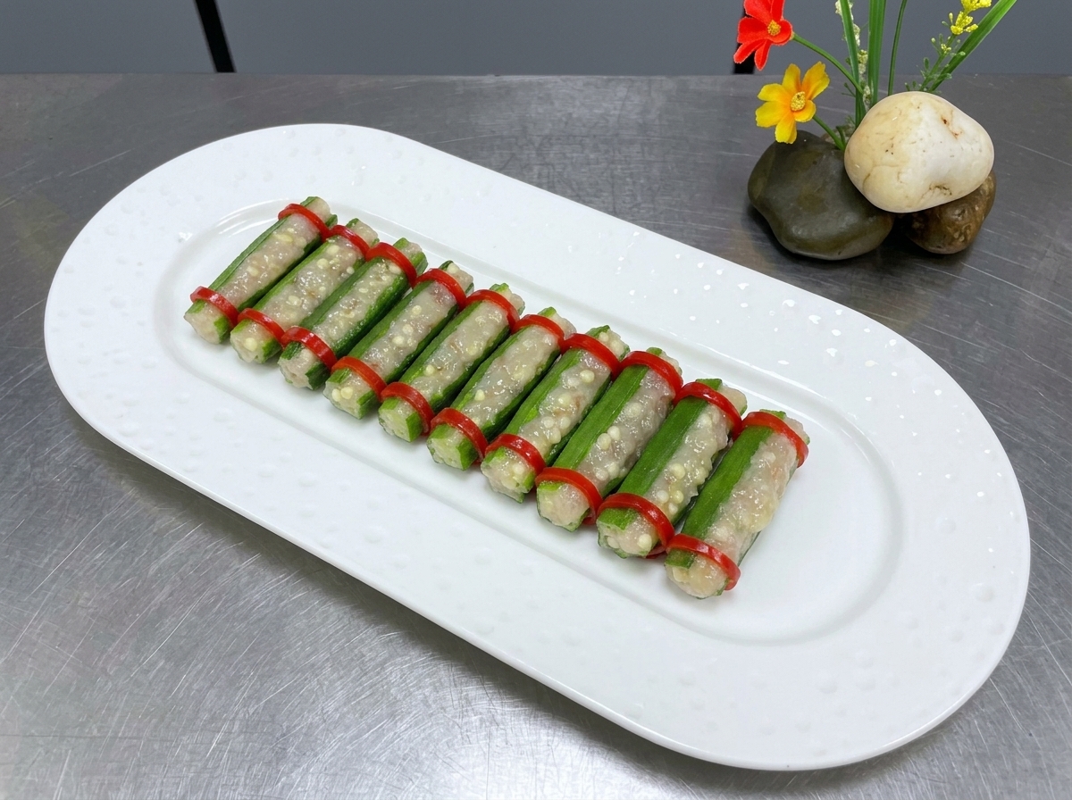 Raw stuffed okra pieces decorated with red chili rings, arranged neatly on a long white plate.