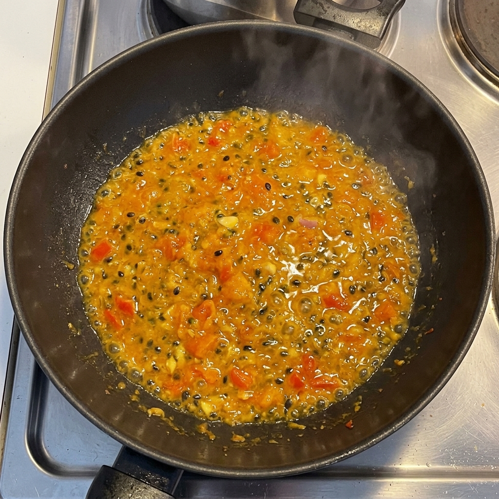 Simmering tomato base mixed with dark passion fruit seeds bubbling in a dark wok.