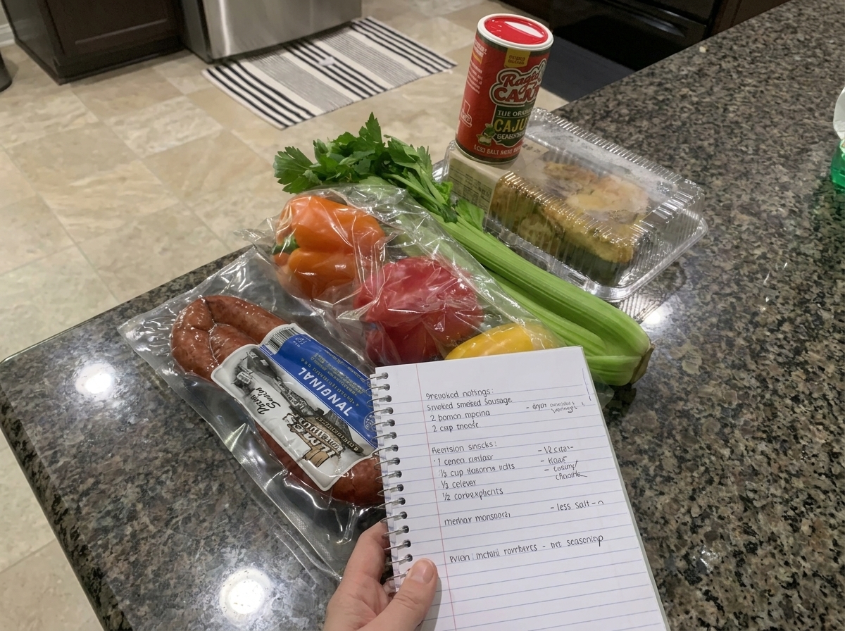 Raw gumbo ingredients including celery, bell peppers, and smoked sausage displayed on a kitchen counter alongside a handwritten recipe notebook.