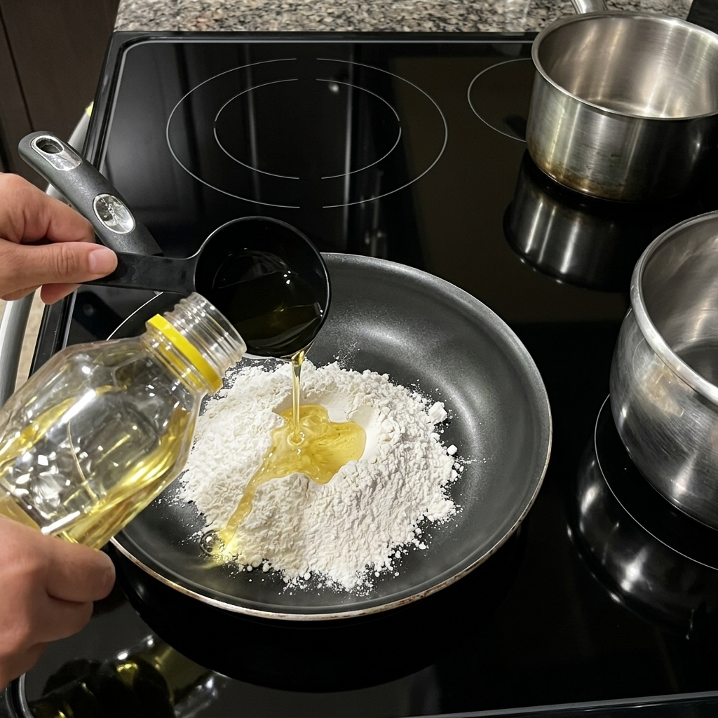 Pouring vegetable oil from a clear bottle into a pan over a mound of white flour to start making a roux.