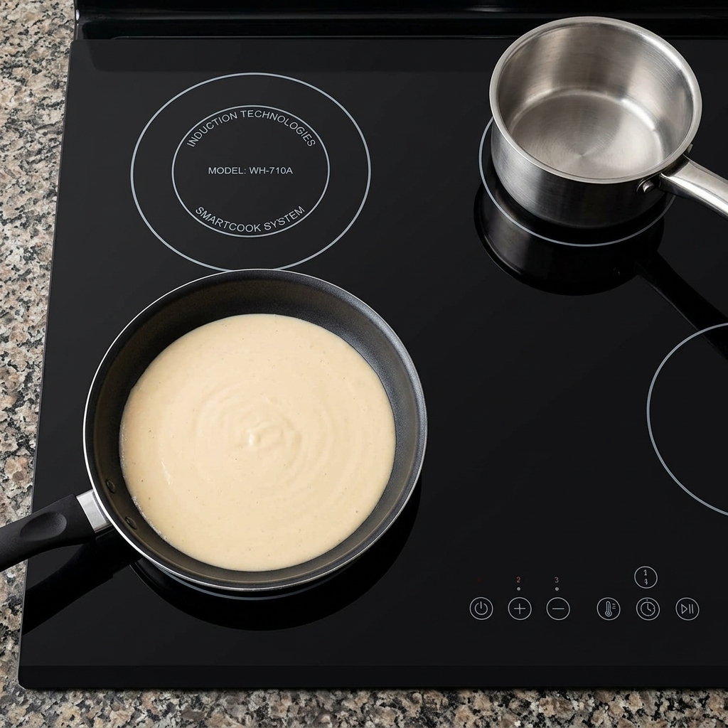 A light tan flour and oil mixture cooking in a black skillet on a glass induction stovetop.