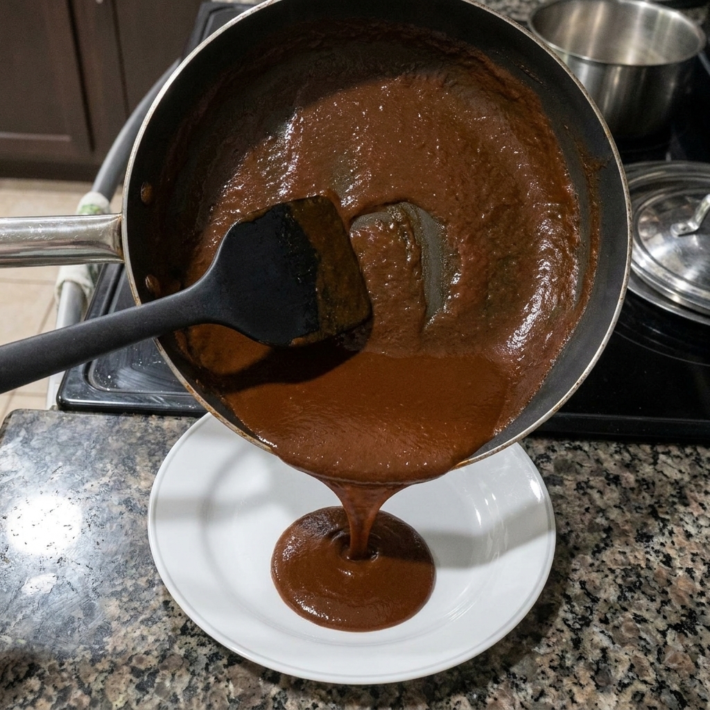 Pouring a thick, dark chocolate-colored finished roux from a skillet onto a white plate using a spatula.