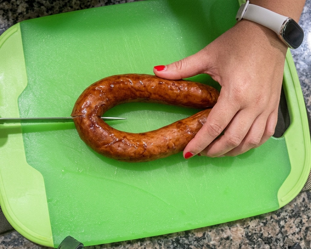 A hand holding a knife and slicing a U-shaped smoked sausage link into thin rounds on a bright green cutting board.