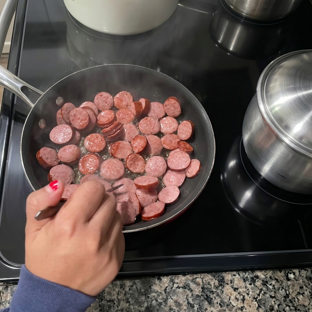 A hand using a fork to turn sliced smoked sausage rounds as they fry and brown in a skillet.