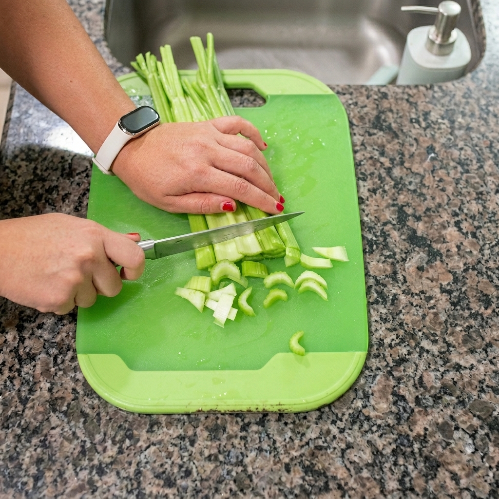 Hands using a knife to chop fresh celery stalks on a bright green cutting board.
