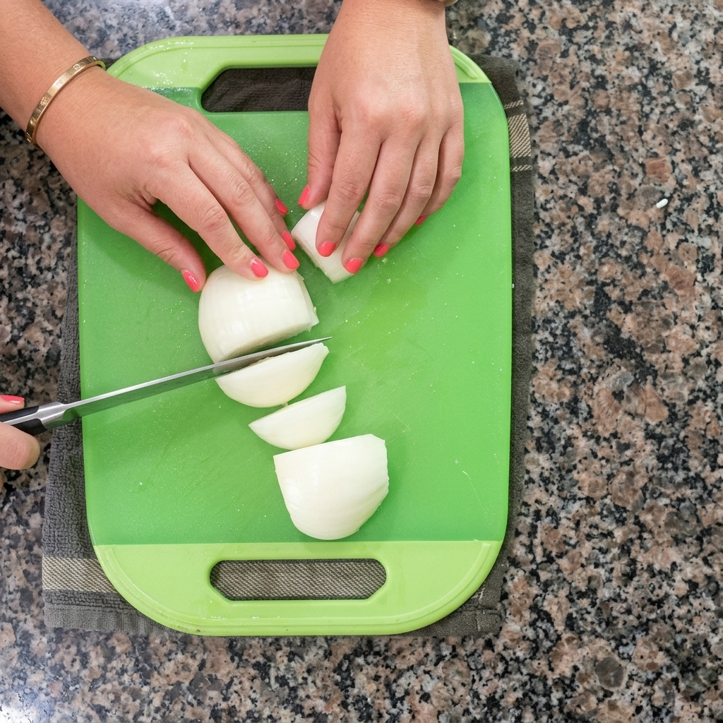 Hands dicing a white onion with a chefs knife on a green cutting board.