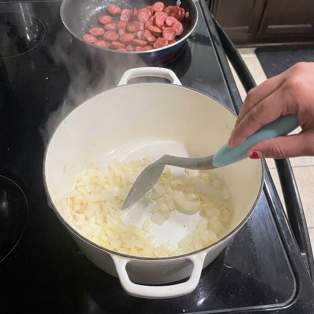 Stirring diced onions with a spatula in a large white pot on a black stovetop, with sliced sausage cooking in a skillet behind it.