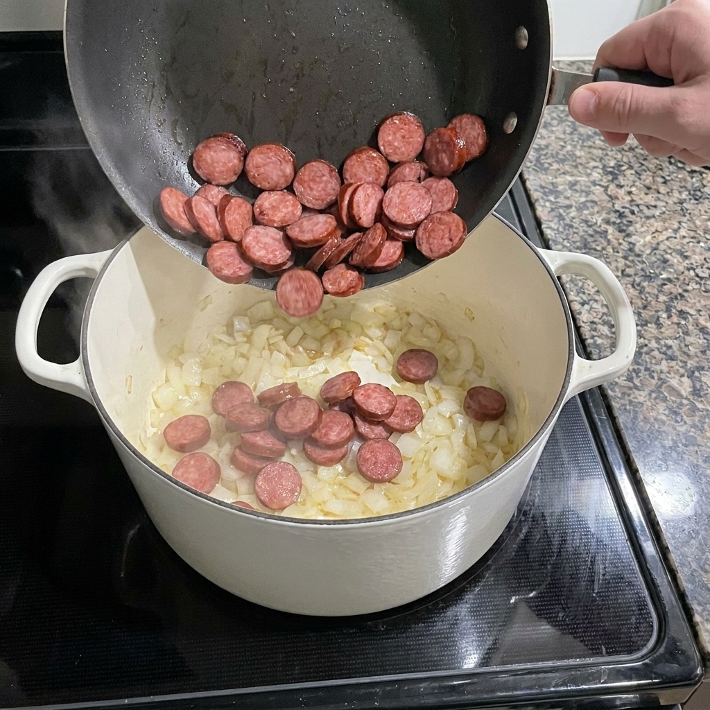 Pouring browned, sliced smoked sausage from a skillet into a white pot filled with sautéed onions.