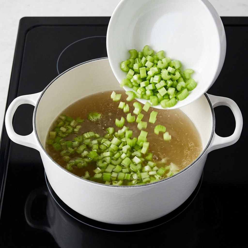 Diced celery being poured from a white bowl into a large pot of simmering broth.