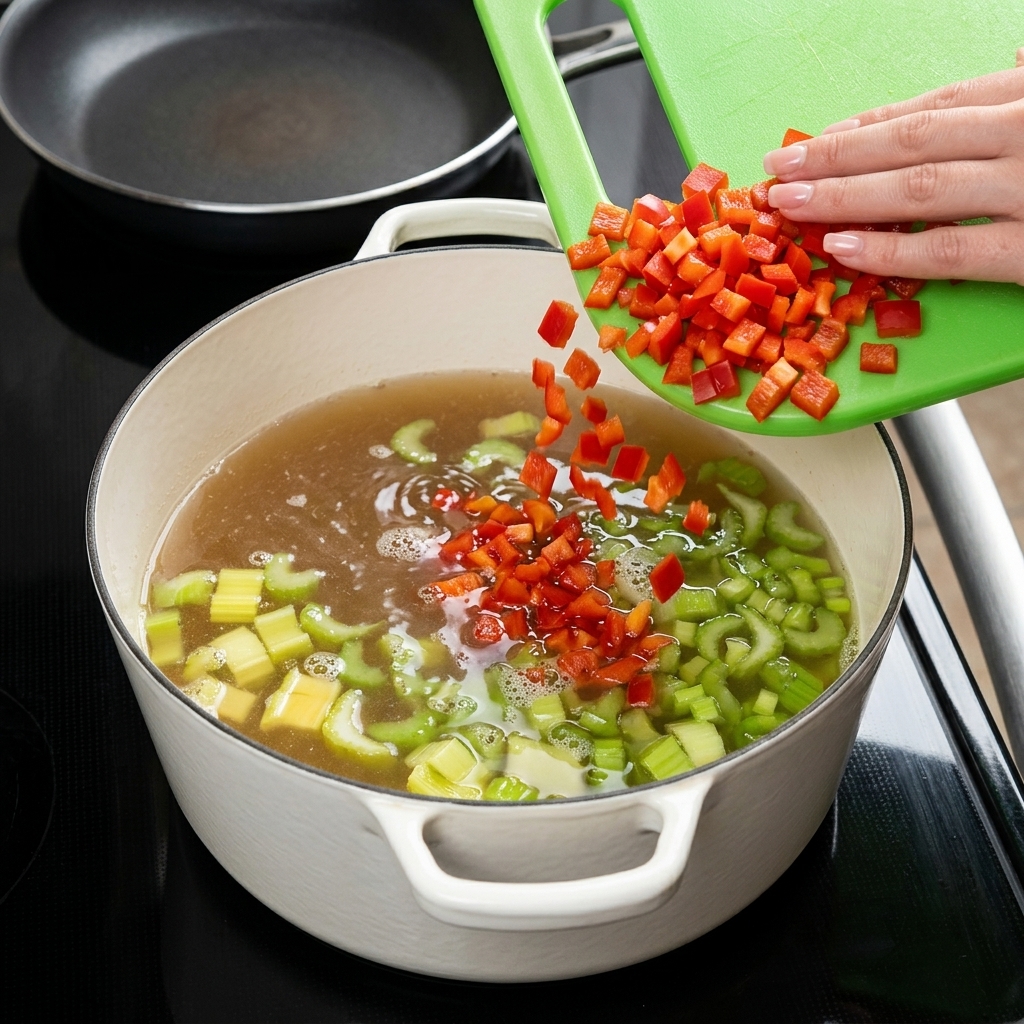 Chopped red bell peppers being slid off a green cutting board into a simmering pot containing broth and celery.