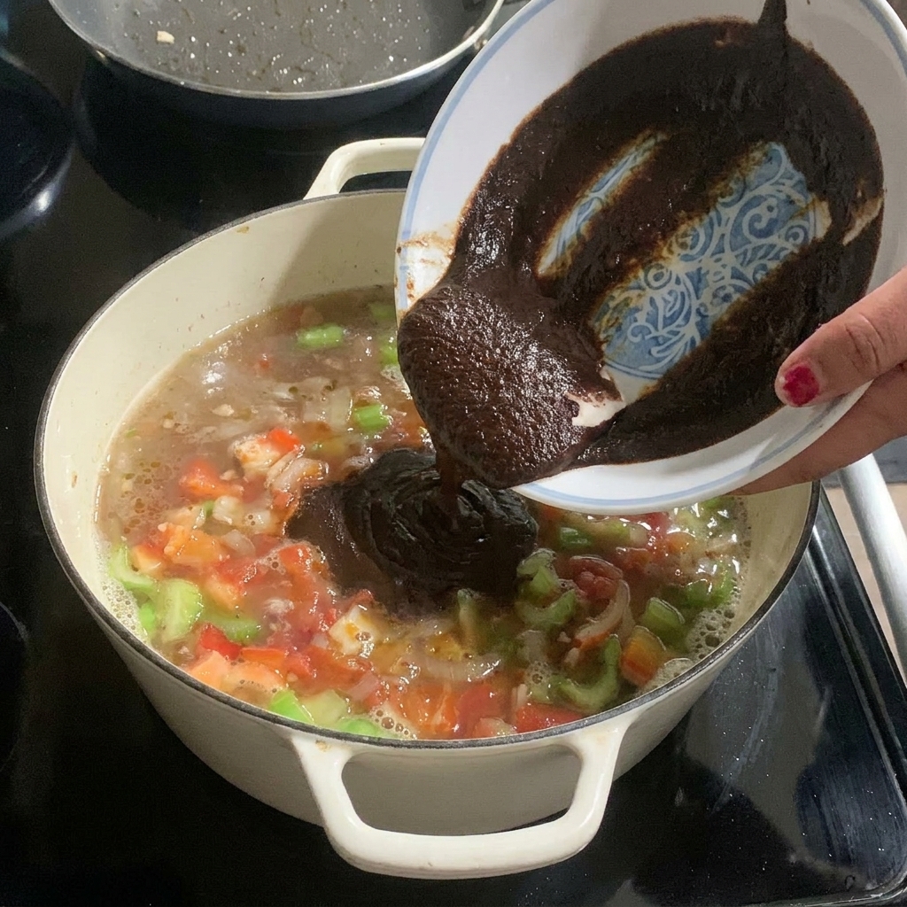 A dark, thick roux being poured from a bowl into a simmering pot filled with vegetables and broth.