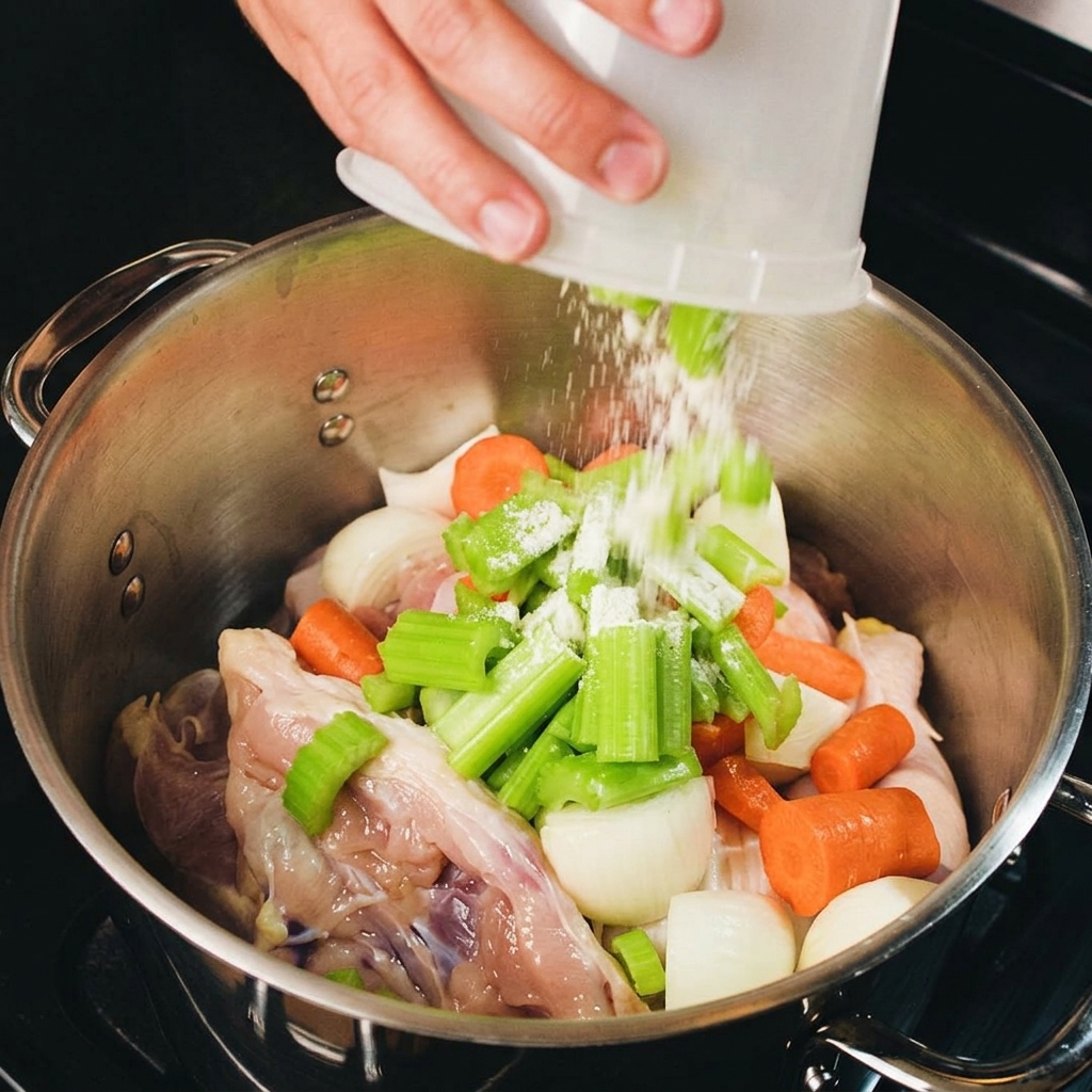 Chopped celery being poured into a large stock pot containing raw chicken legs, thighs, and quartered onions.