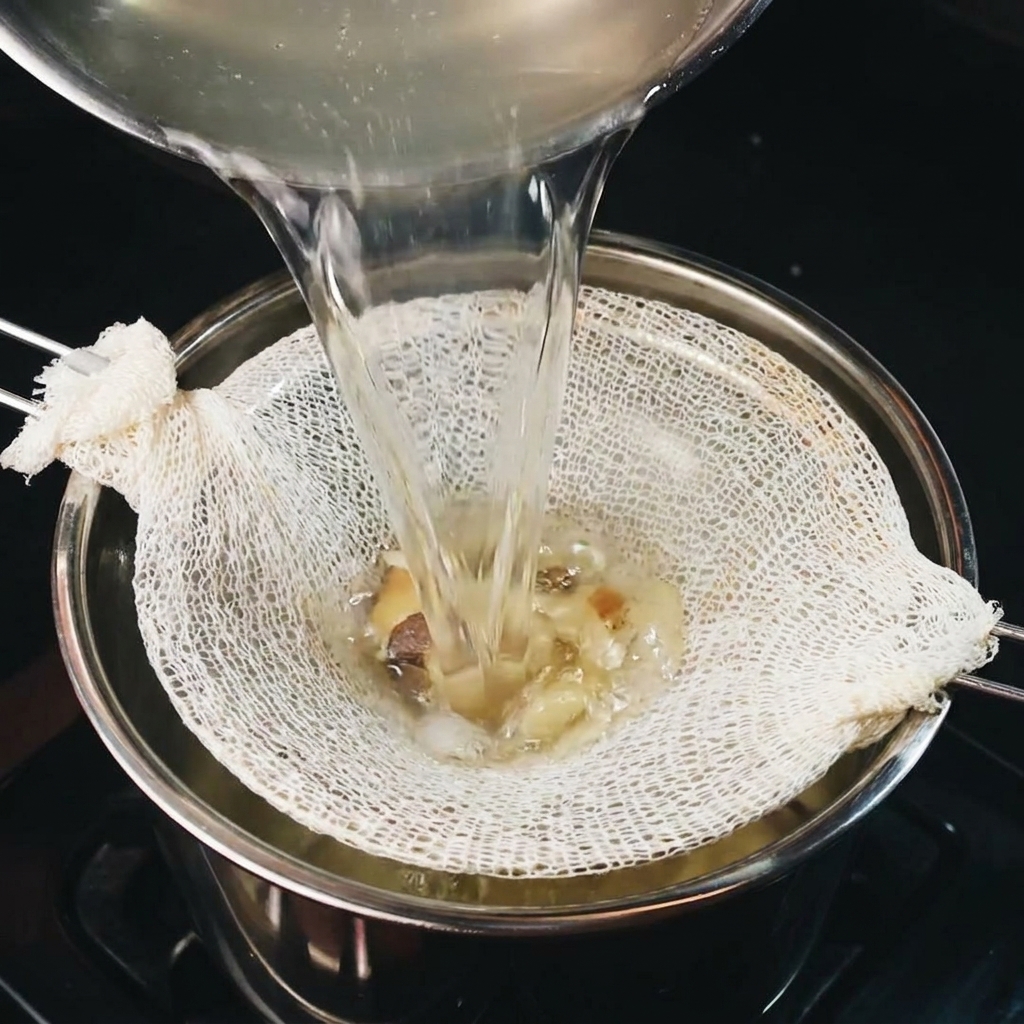 Hot, clear chicken stock being poured from one pot through a white cheesecloth strainer into a metal pot below.