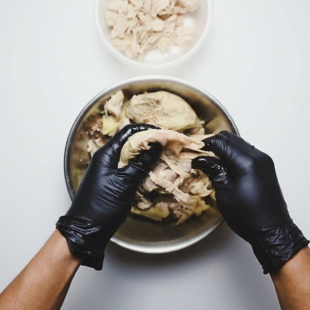 A person wearing black gloves shredding warm, cooked chicken meat into a stainless steel bowl.
