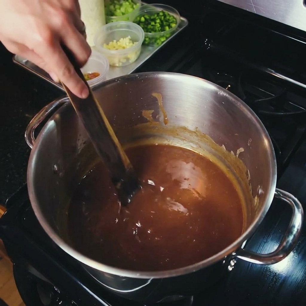 Stirring a thick, dark brown roux in a large pot with a flat wooden spoon.