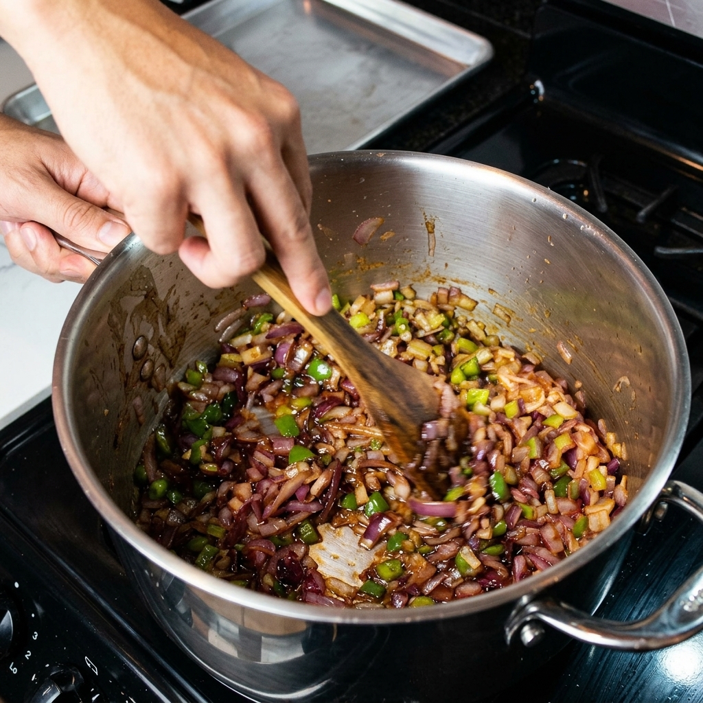 Stirring chopped green bell peppers and celery into a dark brown roux in a stainless steel pot.