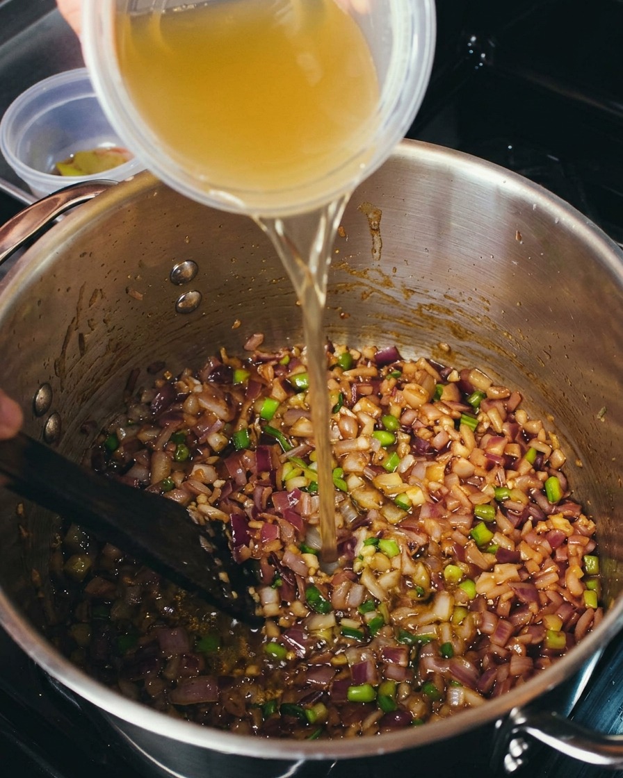 Strained chicken stock being slowly poured into a large pot containing a dark brown roux mixed with diced onions and green peppers.