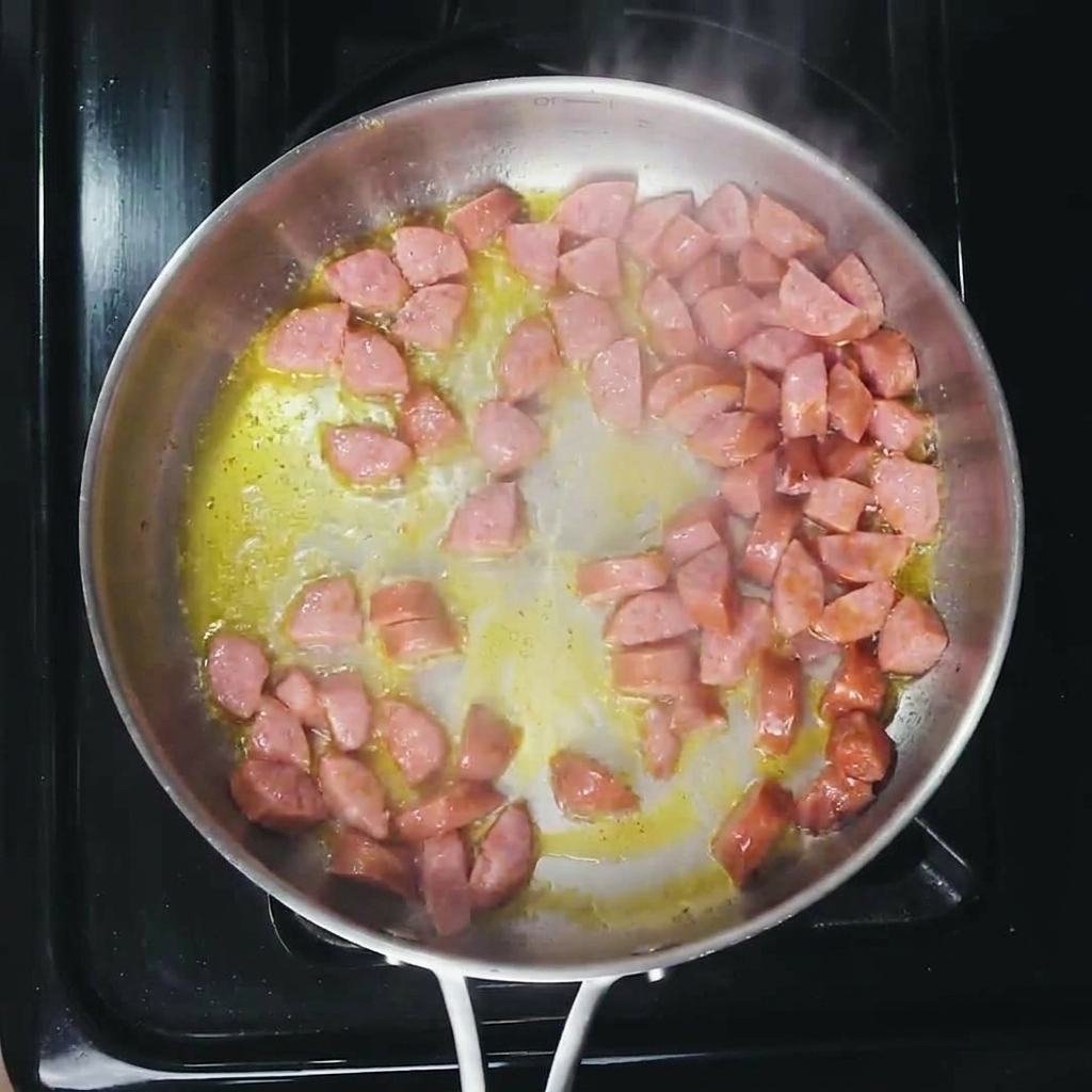 Sliced pieces of smoked sausage sizzling and rendering fat in a stainless steel skillet.