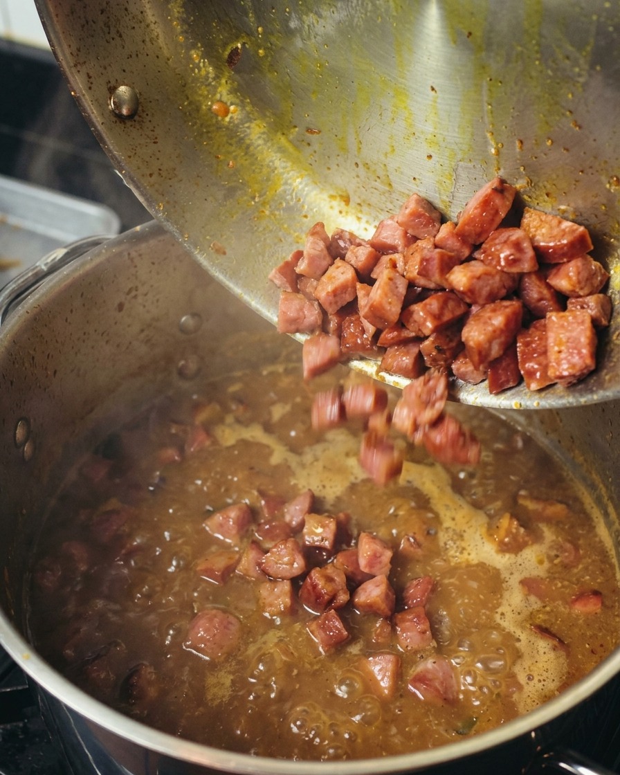 Seared smoked sausage pieces being scraped from a skillet into a large pot of simmering, dark-colored gumbo.