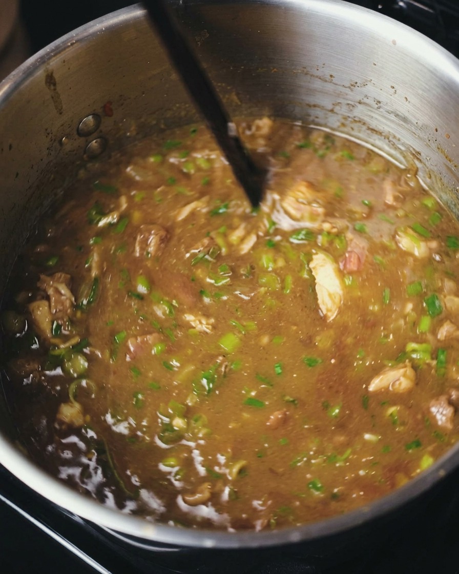 A dark, rich gumbo being stirred in a stainless steel pot, generously speckled with freshly chopped green herbs.