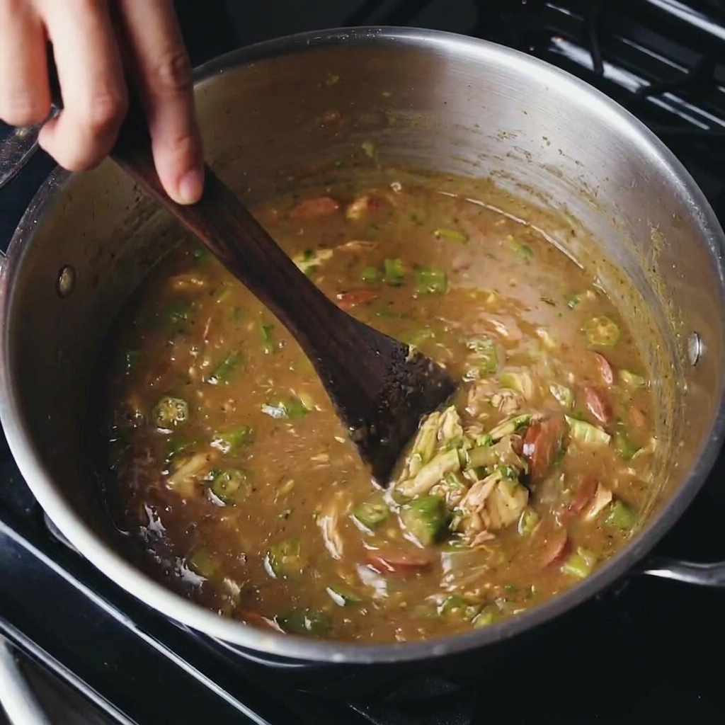 A wooden spoon stirring a thick, dark gumbo filled with chunks of chicken and sliced smoked sausage in a large metal pot.