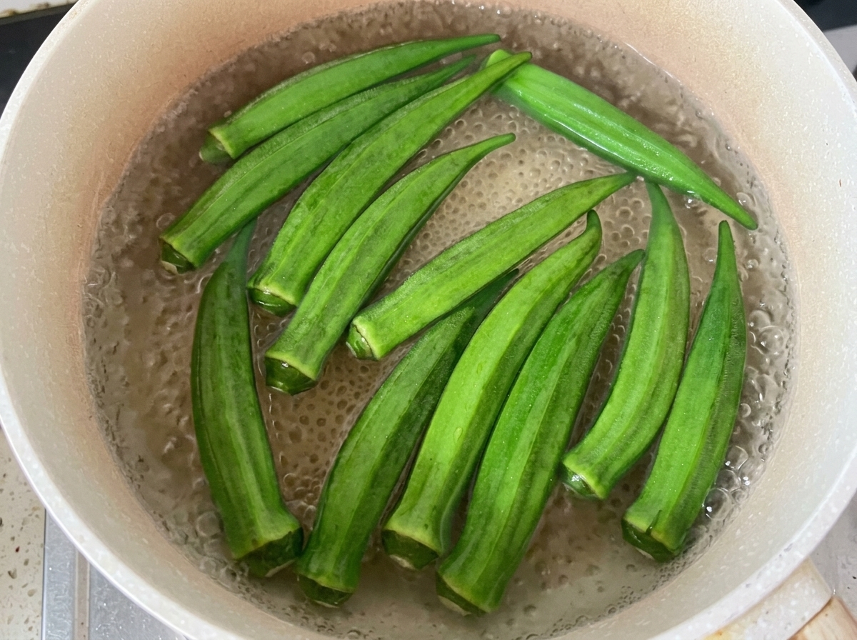 Green okra pods boiling in a light-colored pot filled with bubbling water.